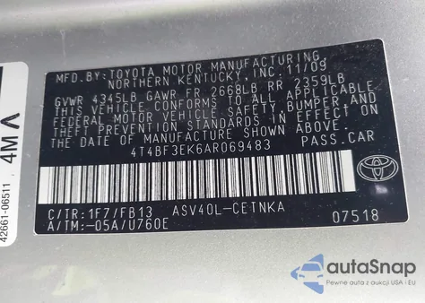 2010 Toyota Camry from USA, damaged, VIN 4T4BF3EK6AR069483